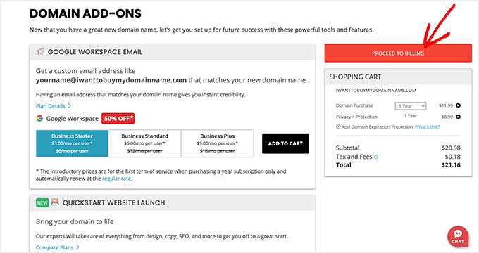 The domain addons available from Domain.com
