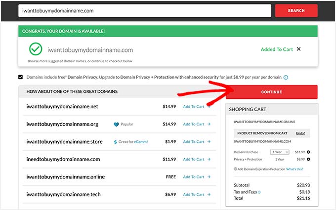 Domain.com has added the domain to the shopping cart