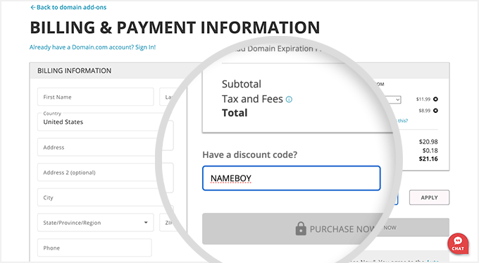 The Domain.com billing and payment page where you add the coupon code