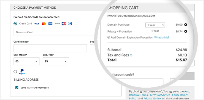 The discount for Domain.com is applied.