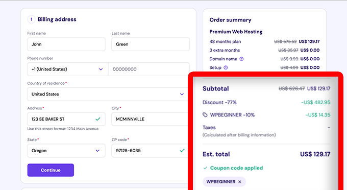 Hostinger Billing information and order summary