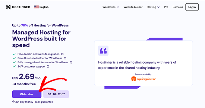 Click Claim Deal on the Hostinger website
