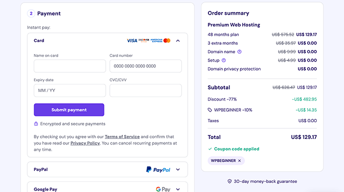 Hostinger Payment method and payment information
